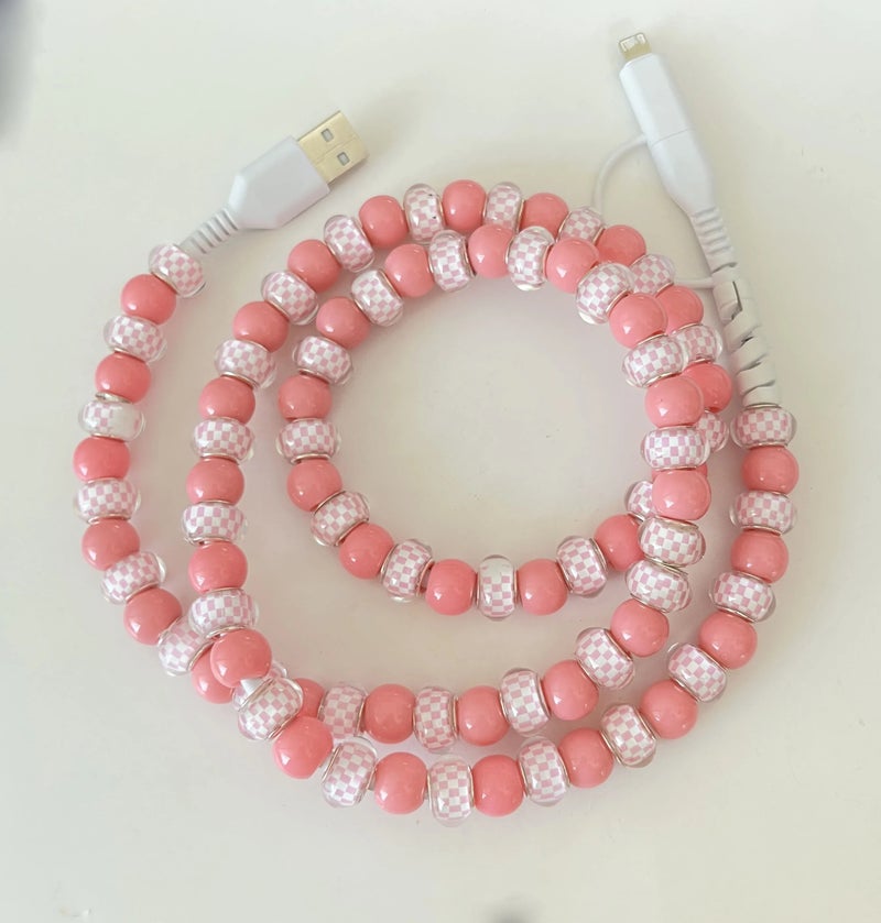 Bluejw 2-in-1 Plaid Beaded Fast Charger Cord 1M, Type-C USB & Lightning, Cute Pearl Phone Charging Cable for iPhone/Android, Car/Computer Compatible, Automobile Charger Gift - Image 1